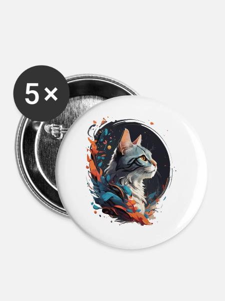 Bunte Katze - Buttons groß 56 mm (5er Pack) - Weiß