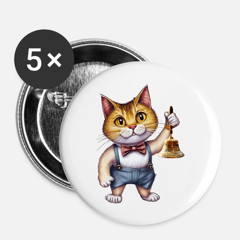 CAT WITH HAND BELL - Buttons large 2.2''/56 mm (5-pack) - white