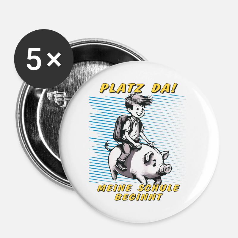 SCHWEIN KIND JUNGE SCHULE BEGINNT - Buttons groß 56 mm (5er Pack) - Weiß
