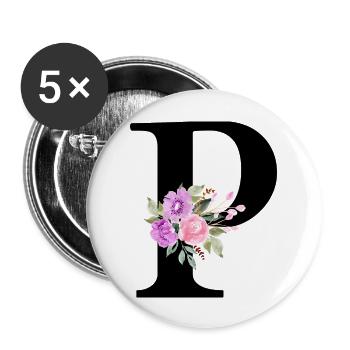 Lila Blumenbuchstabe p - Buttons groß 56 mm (5er Pack) - Weiß - Vorne
