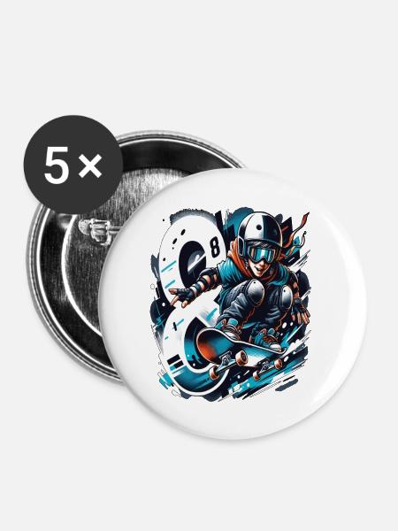 Skateboard Skater Design Für 8 Jahre Jungen - Buttons groß 56 mm (5er Pack) - Weiß