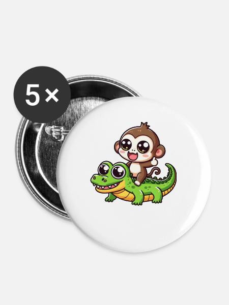 Niedlicher Affe reitet Krokodil - Buttons groß 56 mm (5er Pack) - Weiß