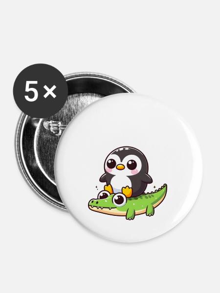 Pinguin auf Krokodil - Buttons groß 56 mm (5er Pack) - Weiß