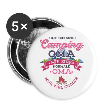 Camping Oma Campingplatz Camper Zelten Lagerfeuer - Buttons groß 56 mm (5er Pack) - Weiß - Vorne