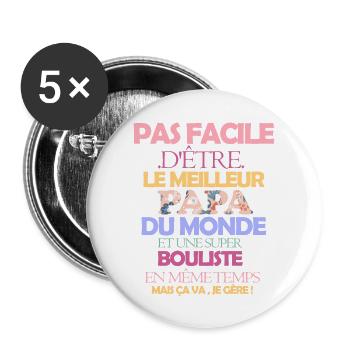 Pas facile meilleur papa et super bouliste - Lot de 5 grands badges (56 mm) - blanc - Devant
