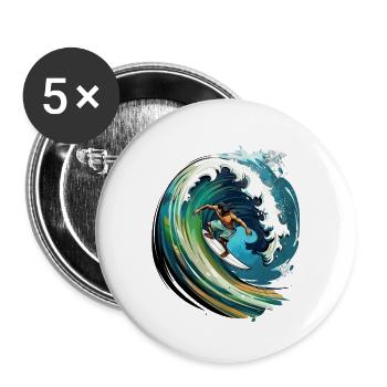 Surfer on a big wave in a 2D illustration - Buttons large 2.2''/56 mm (5-pack) - white - Front