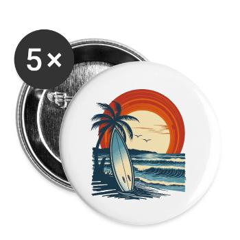 Planche de surf sur la plage au coucher du soleil - Lot de 5 grands badges (56 mm) - blanc - Devant