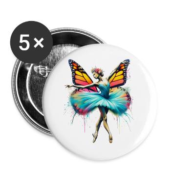 Ballerina mit Schmetterlingsflügeln, Schmetterlingen, Tutu - Buttons groß 56 mm (5er Pack) - Weiß - Vorne