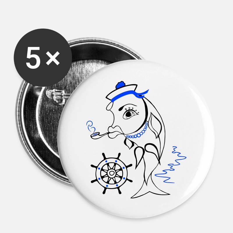 Marin, Poisson, Ahoy - Lot de 5 grands badges (56 mm) - blanc