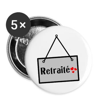 RUHESTAND. RUHESTAND. PENSIONIERT. GLÜCKLICHER RUHESTAND - Buttons groß 56 mm (5er Pack) - Weiß - Vorne