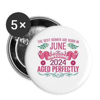 Juin 2024 anniversaire femme Juin 2024 - Lot de 5 grands badges (56 mm) - blanc - Devant