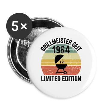 60th Birthday - Grillmeister since 1964 - Buttons large 2.2''/56 mm (5-pack) - white - Front