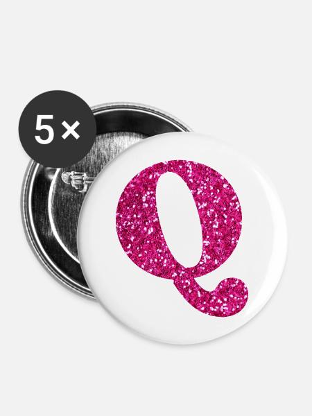 Buchstabe q rosa Glitzer - Buttons groß 56 mm (5er Pack) - Weiß
