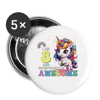 Filles Enfants Licorne C'est mon anniversaire, j'ai 8 ans et - Lot de 5 grands badges (56 mm) - blanc - Devant