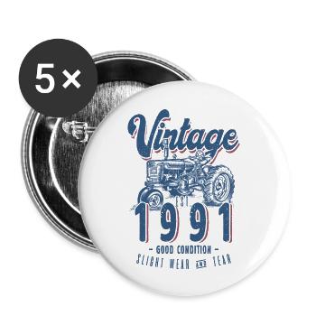 Oldtimer Traktor Bauer Geburtstag Jahrgang 1991 - Buttons groß 56 mm (5er Pack) - Weiß - Vorne