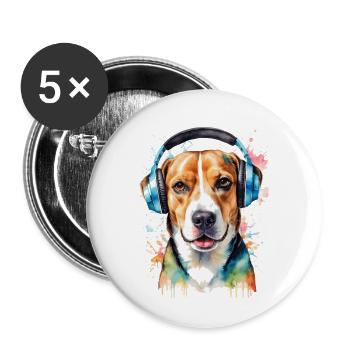 Beagle Headphones Dog Funny Animal Design Print - Buttons large 2.2''/56 mm (5-pack) - white - Front