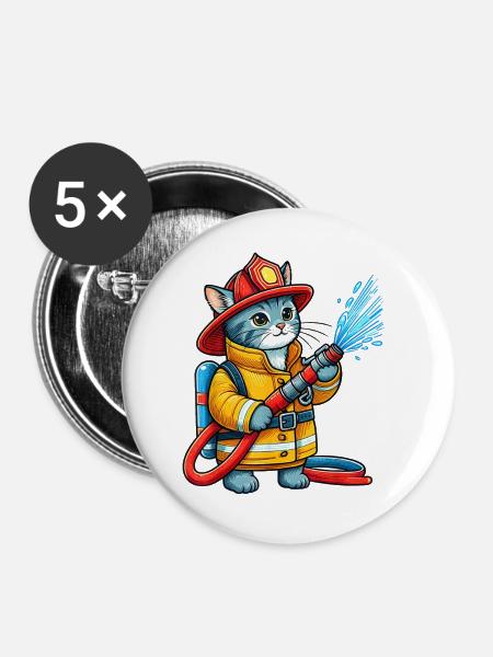 Feuerwehrmann Kätzchen Splash - Buttons groß 56 mm (5er Pack) - Weiß