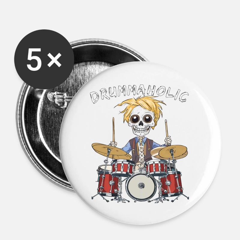 SKELETON DRUMS DRUMMAHOLIC - Buttons large 2.2''/56 mm (5-pack) - white