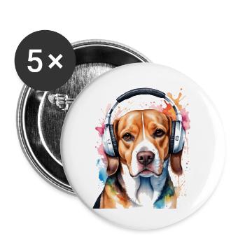 Beagle Headphones Dog Funny Animal Design Print - Buttons large 2.2''/56 mm (5-pack) - white - Front