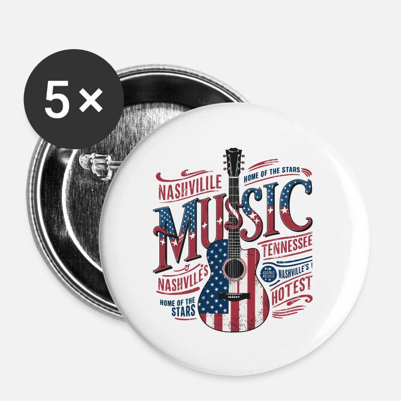 Nashville Musik US Flagga Gitarr - Stora knappar 56 mm (5-pack) - vit