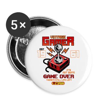 Vintage Gamer seit 1961 Lustige Geburtstagsspiele - Buttons groß 56 mm (5er Pack) - Weiß - Vorne