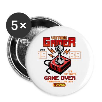 Vintage Gamer seit 1989 Lustige Geburtstagsspiele - Buttons groß 56 mm (5er Pack) - Weiß - Vorne