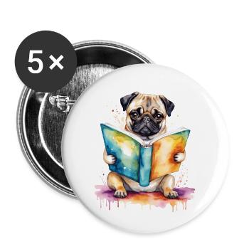 Carlin lecture livre chien coloré drôle animal design imprimer - Lot de 5 grands badges (56 mm) - blanc - Devant
