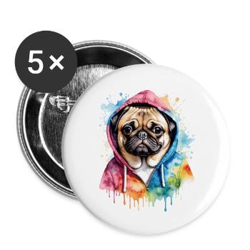 Mops Hoodie Hund Bunt Lustig Tier Design Print - Buttons groß 56 mm (5er Pack) - Weiß - Vorne