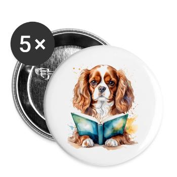Cavalier King Charles Spaniel Lecture Livre Chien - Lot de 5 grands badges (56 mm) - blanc - Devant