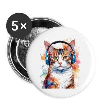 Cat Headphones Colorful Funny Animal Design Print - Buttons large 2.2''/56 mm (5-pack) - white - Front