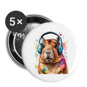 Capybara Headphones Capy Colorful Animal Design Print - Buttons large 2.2''/56 mm (5-pack) - white - Front