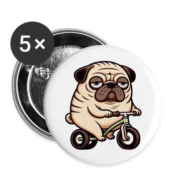 Funny Pug Dog on Bicycle Tricycle Balance Bike - Buttons large 2.2''/56 mm (5-pack) - white - Front