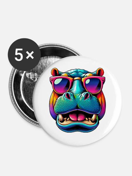 Nilpferd mit Sonnenbrille - Buttons groß 56 mm (5er Pack) - Weiß