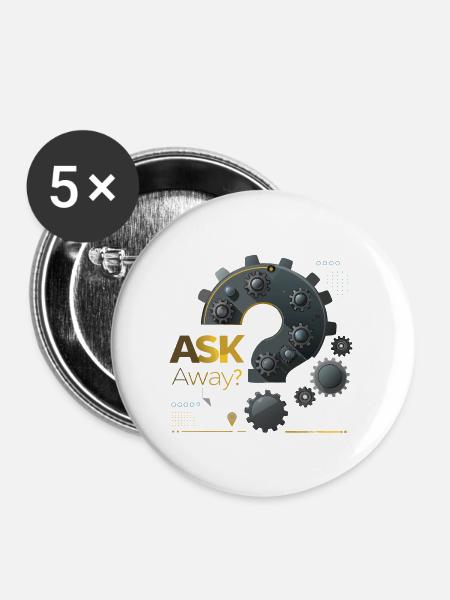 HINTERFRAGEN, FRAGEN - Buttons groß 56 mm (5er Pack) - Weiß