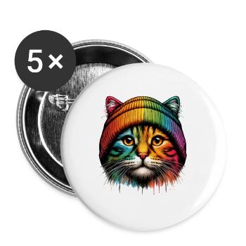 Katze Beanie Regenbogen Katzenmama Cool Lustig - Buttons groß 56 mm (5er Pack) - Weiß - Vorne
