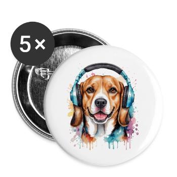 Beagle Kopfhörer Hund Lustig Tier Design Print - Buttons groß 56 mm (5er Pack) - Weiß - Vorne