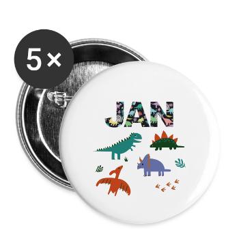JAN - Schöner Jungen Name mit Dinosaurier - Buttons groß 56 mm (5er Pack) - Weiß - Vorne