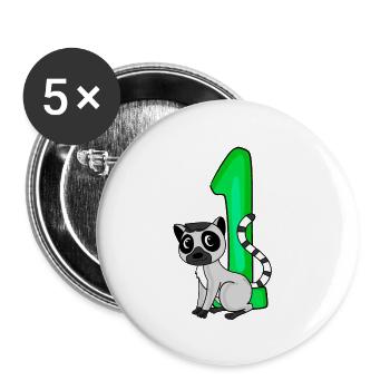 1 Jahr alt - Einschulung - Lemur Motiv - Zahl 1 - Buttons groß 56 mm (5er Pack) - Weiß - Vorne