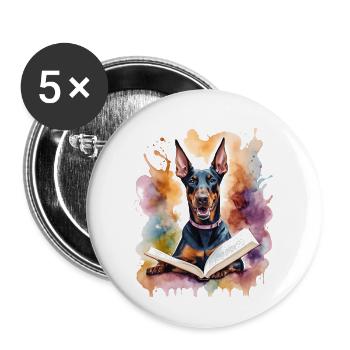 Doberman livre de lecture chien drôle Animal Design impression - Lot de 5 grands badges (56 mm) - blanc - Devant