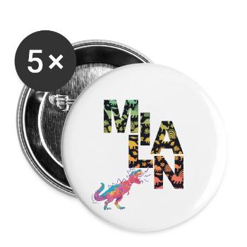 MILAN - Schöner Jungen Name mit Dinosaurier - Buttons groß 56 mm (5er Pack) - Weiß - Vorne
