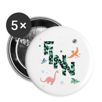 FINN - Schöner Jungen Name mit Dinosaurier - Buttons groß 56 mm (5er Pack) - Weiß - Vorne