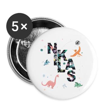 NIKLAS - Schöner Jungen Name mit Dinosaurier - Buttons groß 56 mm (5er Pack) - Weiß - Vorne