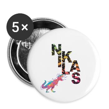 NIKLAS - Schöner Jungen Name mit Dinosaurier - Buttons groß 56 mm (5er Pack) - Weiß - Vorne
