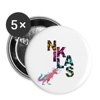 NIKLAS - Schöner Jungen Name mit Dinosaurier - Buttons groß 56 mm (5er Pack) - Weiß - Vorne