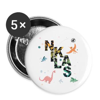 NIKLAS - Schöner Jungen Name mit Dinosaurier - Buttons groß 56 mm (5er Pack) - Weiß - Vorne