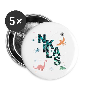 NIKLAS - Schöner Jungen Name mit Dinosaurier - Buttons groß 56 mm (5er Pack) - Weiß - Vorne