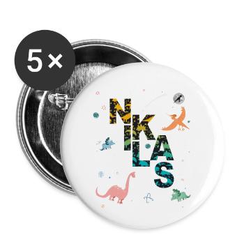 NIKLAS - Schöner Jungen Name mit Dinosaurier - Buttons groß 56 mm (5er Pack) - Weiß - Vorne