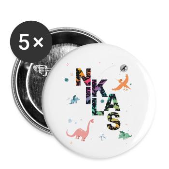 NIKLAS - Schöner Jungen Name mit Dinosaurier - Buttons groß 56 mm (5er Pack) - Weiß - Vorne