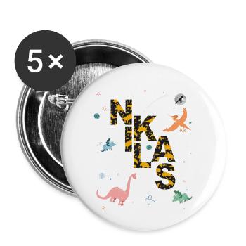 NIKLAS - Schöner Jungen Name mit Dinosaurier - Buttons groß 56 mm (5er Pack) - Weiß - Vorne