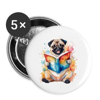 Carlin lecture livre chien coloré drôle animal design imprimer - Lot de 5 grands badges (56 mm) - blanc - Devant